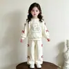 Conjunto de dos piezas de sudadera suave y linda con lazo de gatito de dibujos animados para bebé, adorable top de manga larga y pantalones de chándal, ropa casual para niños y niñas