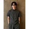 Camisa masculina de sarja crua de linho com amarração de fita, manga curta, estilo verão, madura e sofisticada, manga meia-manga, jaqueta de camisa com design estiloso e bonito