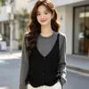 Wubi Caranguejo Retrô Coreano Bloco de Cores Tricô Falso Duas Peças Outono Cordão Design Sense Cintura Marcada Suéter Manga Longa