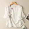 Camisa feminina de manga curta com bordado, modelagem solta, blusa de algodão e linho estilo vintage, top feminino com carcela diagonal e fechamento por botões, novo estilo de verão 2022