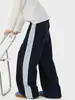 Calça de Moletom Listrada Retrô para Homens, Colete Acolchoado Tendência Casal Primavera e Outono, Calça Longa Casual Solta de Perna Larga High Street