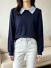 Tricô de gola pequena bicolor para mulheres, manga longa, fino, adequado para o trabalho, gola polo, blusa básica, top estiloso para o verão H072801