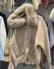 Otoño e Invierno Nuevo Estilo Sudadera de Punto con Capucha y Cuello Grande de Piel Cardigan para Mujer Estilo Perezoso Casual Pantalones de Color Sólido con Doble Bolsillo de Solapa Chaqueta Holgada