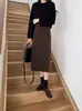 Falda de Cadera de Lana con Forma de A de Cintura Alta Adelgazante Versátil para Otoño e Invierno Falda Negra de Cadera Falda Larga Falda de Longitud Media