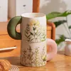 Taza de Cerámica con Mango Floral Estilo Japonés Pastoral Taza de Café con Flor de Dibujos Animados y Platillo Set de Taza con Animal Lindo