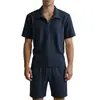 Conjunto casual de dos piezas para hombre transfronterizo, comercio exterior europeo y americano, color liso, corte holgado, jacquard, cuello de solapa, media cremallera, manga corta, pantalones cortos