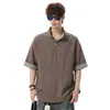 Camisa de Manga Corta con Cuello Alto Estilo Old Money para Hombre, Conjunto de Dos Piezas Veraniego Empalmado Cardigan a Cuadros High Street Americano, Top Talla Grande