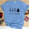 Camiseta Feminina da Moda Azul com Estampa de Árvore de Natal Gráfica