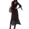 Vestido Largo Retro de Lunares con Cuello en V y Mangas Acampanadas Impresionante para Primavera y Otoño para Mujer, Estilo Francés Exquisito con Ceñido a la Cintura Estilo Vacaciones Línea A