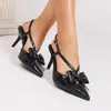 Saltos Altos Apontados Franceses com Laço para Mulheres 2025 Novo Verão Sandálias Elegantes de Bico Fino Stiletto para Mulheres