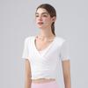 26 Camiseta Deportiva de Verano de Manga Corta Ajustada con Cuello en V y Cruzado en la Cintura Moda Tendencia Ropa para Pilates Yoga