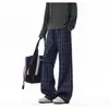 Pantalones a Cuadros Azul Oscuro Retro Americano para Hombre Corte Limpio Casual Micro Acampanados Otoño Invierno Streetwear Pantalones de Pierna Recta Extendida