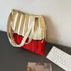 Bolso de un solo hombro con bloques de color, Bolso tote de gran capacidad, Elegante para salidas, Contraste de colores, Versátil bolso de punto plisado estilo coreano, Bolso con cordón, Suave