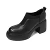 Mocasines de Piel Genuina de Corte Profundo de 8.5cm al por Mayor Nuevo Estilo Otoño e Invierno 2026 Punta Redonda Suela Gruesa Tacón Grueso Slip-On Zapatos de Piel