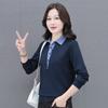 Nuevo suéter de primavera 2024 de dos piezas falsas con cuello de camisa para mujer de mediana edad, estilo occidental, que reduce la edad, manga larga, top tipo jersey