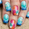 Unhas Portáteis em Estilo Oceano, Gradiente Azul, Relevo Tridimensional, Conchas de Coral Coloridas, Ondas do Mar, Unhas Postiças Removíveis
