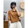 Camisa de Algodón Puro Artística Retro Delgada de Verano para Mujer, Corte Holgado, Camisa de Manga Corta Adelgazante, Camisa Simple de Rayas de Manga Tres Cuartos, Azul