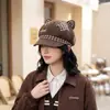Sombrero Octagonal Estilo Coreano Orejas de Gato Boina de Lana Gorra de Periodista Bordado de Letras Sombrero de Pintor Orejas de Gato Versátil para Viajar Estudiante