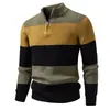 Suéter de Punto para Hombre Otoño/Invierno 2026 con Cuello Medio y Media Cremallera, Rayas Anchas en Contraste, Manga Larga, para Usar en Capas o como Prenda Exterior