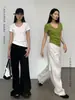 Camiseta Nantao de Manga Corta con Cuello en V para Mujer 2026 Nuevo Estilo Ajustada Ceñida a la Cintura Efecto Plisado Adelgazante Sencilla Capa Base