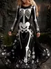 Estación Independiente Amazon Transfronterizo Nuevo Estampado de Calavera Europeo y Americano Vestido Largo para Mujer Retro Gótico Cuello Redondo Manga Larga