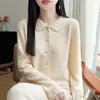 Cardigan de Punto para Mujer 2026 Otoño/Invierno Nuevo Cuello Polo 100% Lana Manga Larga Calado Crochet Suéter Top Moderno