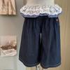 Traje de Verano para Niñas de Jeans con Mangas Cortas, Nuevo Estilo Camiseta de Cuadros con Encaje Piernas Anchas