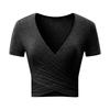 2025 Amazon Estilo Europeu e Americano Novo Sexy Decote V Cruzado Slim Splicing Camiseta Básica de Manga Curta para Mulheres