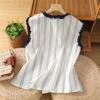 Foto Real de Blusa Feminina Nova de Verão Estilo Coreano com Gola Redonda Franzida e Manga Curta, Blusa Listrada sem Manga na Moda