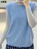 Colete suéter sem mangas gola redonda em lã cashmere cor de macaron, novo top de tricô para o início do outono