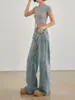 Jeans largo estilo retro americano resistente para mulheres, novo estilo verão 2026, modelagem solta, afina a silhueta, nicho, com caimento, calça comprida até o chão