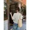 Foto Real de Blusa Redonda con Bordado y Ribete de Encaje para Mujer, Estilo Coreano, Corte Holgado, Adelgazante, Top con Mangas Abullonadas y Lazos 13073