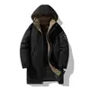 Chaqueta de algodón de longitud media, engrosada y forrada de forro polar, para actividades al aire libre, con capucha, adecuada para parejas, ropa de trabajo cálida para hombres y diseñada para senderismo