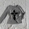 Camiseta Impresa Estilo Retro Americano Principios de Primavera Diseño de Nicho Aspecto Adelgazante Gris Manga Larga Top Estilo Primavera y Otoño Simple y Versátil