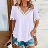 Camiseta de Manga Corta con Escote en V y Recortes, Tejido de Encaje y Punto Empalmado, Estilo Europeo y Americano, Venta Caliente Transfronteriza, Fabricantes de Ropa para Mujer al por Mayor