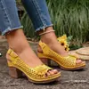 Sandalias de Tacón Alto Transfronterizas Europeas y Americanas para Mujer, Zapatos de Correa Única Listos para Enviar, Sandalias de Tacón Grueso de Comercio Exterior, Verano Floral Peep-Toe Venta al por Mayor Tallas Grandes