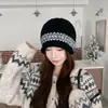 Gorro de punto jacquard vintage para otoño e invierno, cálido y a prueba de frío, gorro de lana con borde enrollado, moderno y versátil, gorro posparto para mujer