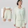Traje Ligero de Protección Solar para Mujer, Ropa de Yoga con Capucha de Hilo Original de Manga Larga, Shorts Deportivos Casuales Sueltos y Transpirables