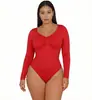 Mono de manga larga ajustado con cuello en V sin costuras para moldear el cuerpo, de gran elasticidad en la cintura y el abdomen, para mujer, con botones ocultos y estilo en T, súper vendido transfronterizo