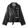 Ropa Europea y Americana Transfronteriza para Mujer AliExpress Venta Caliente Moda Francesa Cinturón Decorativo Abrigo Largo de Trinchera con Solapas de Cuero Sintético Corto