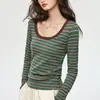 # Algodão Puro Selecionado # Camisa Base Listrada em Cor Contrastante para Mulheres, Nova Camiseta Top Elegante de Manga Longa com Gola Redonda Grande 2026.