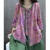 Camisa de Verano Nuevo Estilo Estampado Artístico Diseño Étnico Botón Retro Bloqueo de Color Casual Versátil Delgada Protector Solar para Mujer