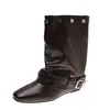 Botas de Moda Estilizadoras de Punta Cuadrada para Mujer Botas de Doble Uso Calzado Exterior Botas de Jinete Fruncidas Remaches Versátiles para Pierna de Pantalón Desmontables Nuevo Estilo 2026