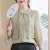 Nova Camisa Branca Chinesa Falsa Duas Peças Feminina Manga Média Verão 2024 Nova Moda Feminina Borda de Orelha Estilo Nacional Top