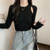 Nueva camiseta negra de manga larga estilo coreano para mujer, otoño, chicas sexys, diseño calado, sentido, corte ajustado, corta, básica, top