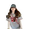 Camiseta Feminina Única de Algodão Puro com Renda Listrada Colorida, Marca Americana da Moda Estilo Grafite, Top Solto e Versátil Ins