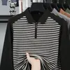 Camisa polo con media cremallera para hombre, joven y de mediana edad, top de lana polar de doble cara, camiseta de manga larga a rayas para otoño e invierno, sudadera para hombre