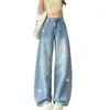 Jeans largo bordado para mulheres, popular em 2026, design fino de cintura alta para primavera/verão que esconde e afina, calça reta floral