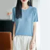 Nova Camiseta Pulôver Feminina de Linho com Pérolas, Gola Redonda, Tricô de Manga Curta, Cor Sólida, Recorte Vazado e Strass - Coleção Primavera/Verão 2026