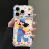 Adequado para capa de celular Apple 17, macacão de desenho animado, menina, flores, coração, texto em inglês, capa espacial anti-queda para iPhone 18